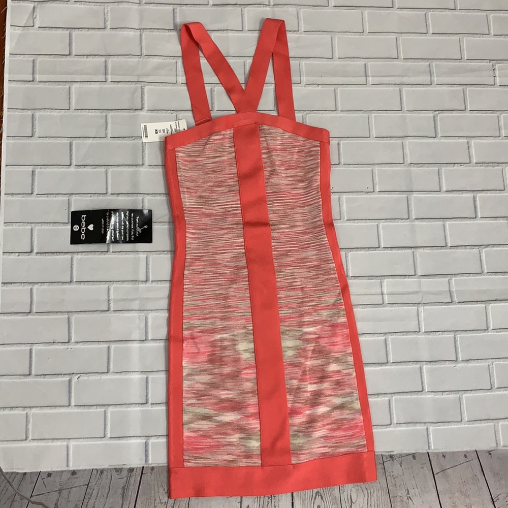 Bebe Halter Bodycon Dress X small pink Coral Striped Sleeveless Pullover…